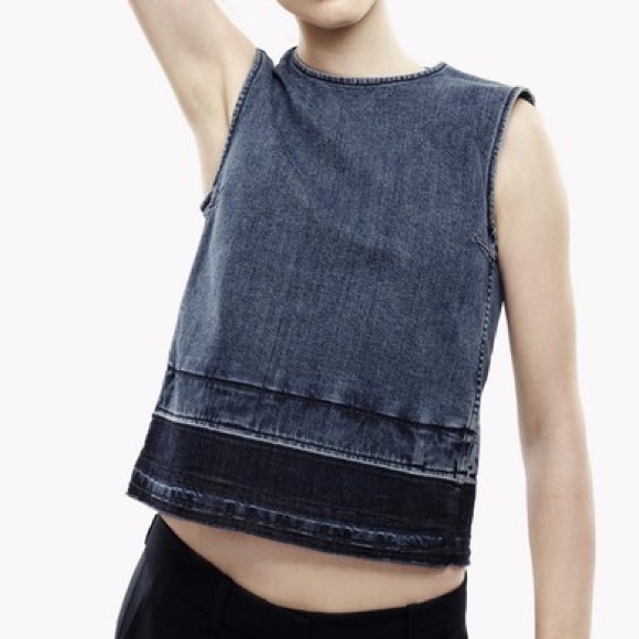 Theory Blue Reli D Frayed Sleeveless Round Neck Back Zip Denim Top Size P - Picture 3 of 9